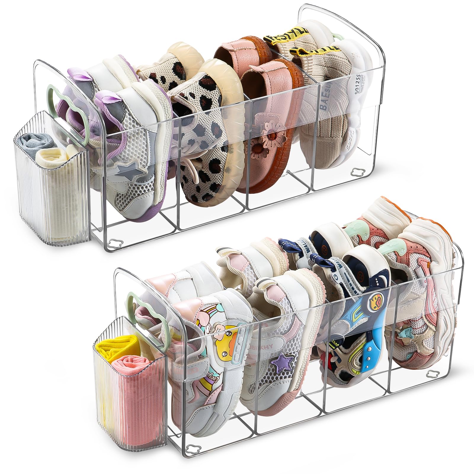Photo 1 of FJZZ 2 Pack Upgraded Kids Shoe Rack, Clear Acrylic Baby Shoe Organizer with Side Anti-Slip Baffle, 4 Sections Toddler Shoe Rack with Socks Storage for Closet Organizers and Storage