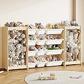 EXPERLAM Large Toy Storage Organizer, Wooden Stuffed Animal Storage & 12-Bins Toy Organizer, Double-Sided Plush Toy Holder Featuring Thicker Ropes, Space Save Playroom Nursery Bedroom Storage, White