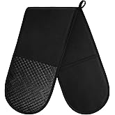 AUAUY Black Double Oven Mitts, 250°C/482°F Heat Resistant BBQ Mittens with Ropes, Silicone Non-Slip Design Kitchen Mittens, Cooking Glove Top Kitchen Gadgets for Cooking Baking Grilling