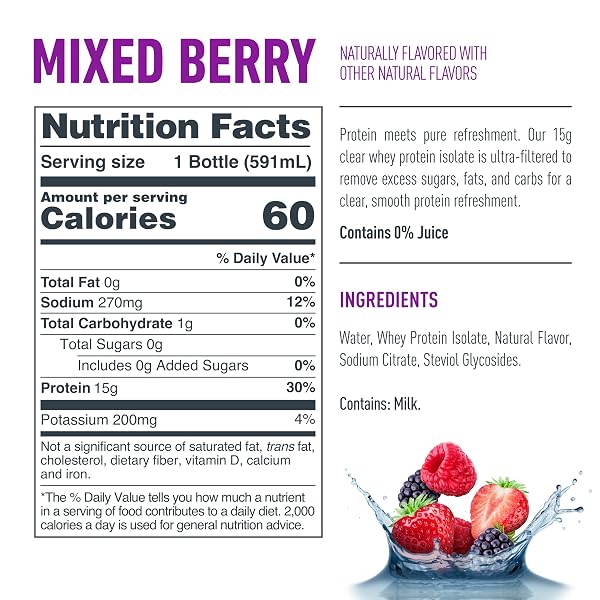 ISOPURE CLEAR PROTEIN WATER WITH ELECTROLYTES, 15G WHEY PROTEIN ISOLATE, ZERO SUGAR, MIXED BERRY, 20 FL OZ BOTTLE, 1 COUNT