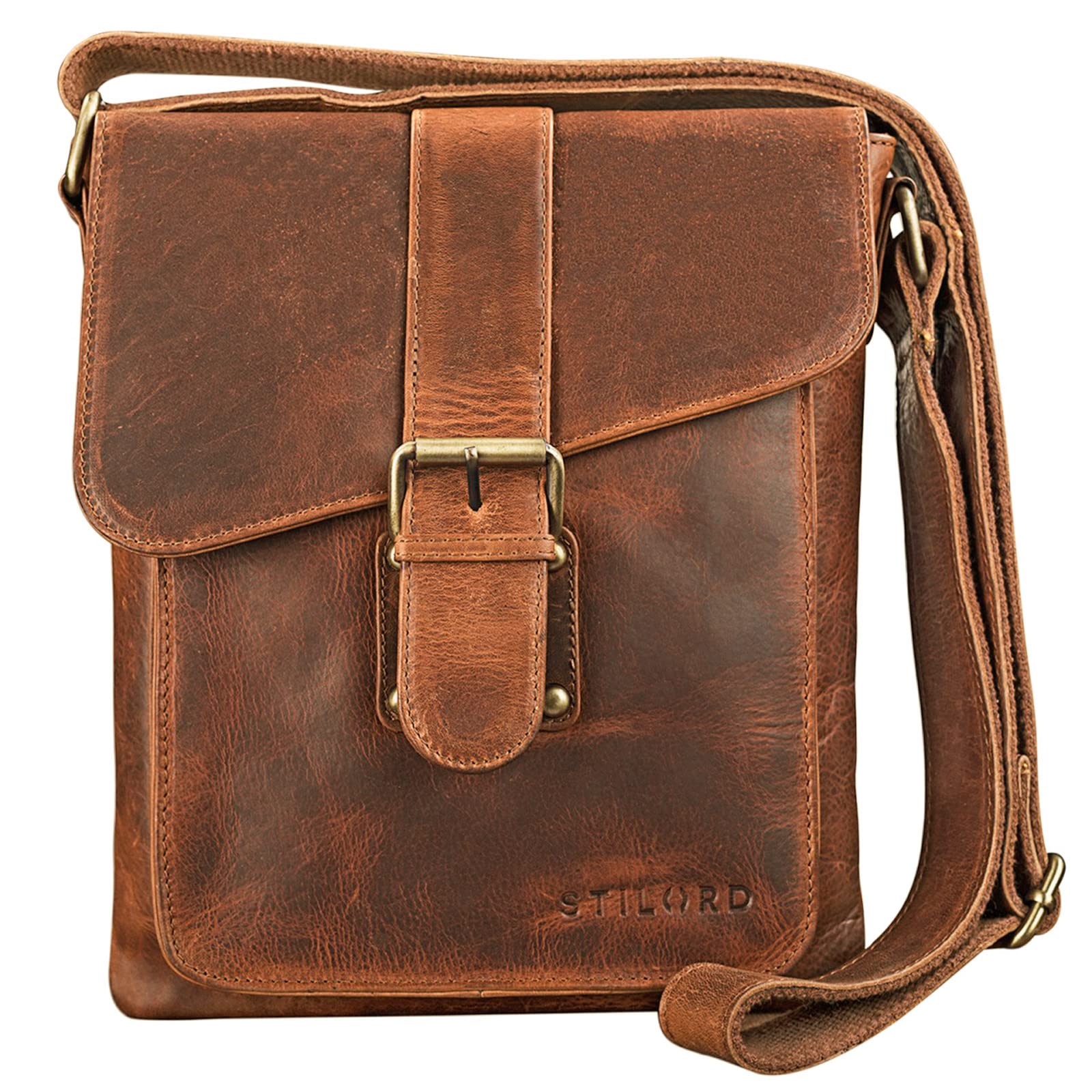 STILORD "Mattia" Small Leather Shoulder Bag for Men – Vintage Messenger Bag for iPads 9.7" & Tablets 10.1" – Genuine Leather Crossbody Bag Colour:Kara - Cognac