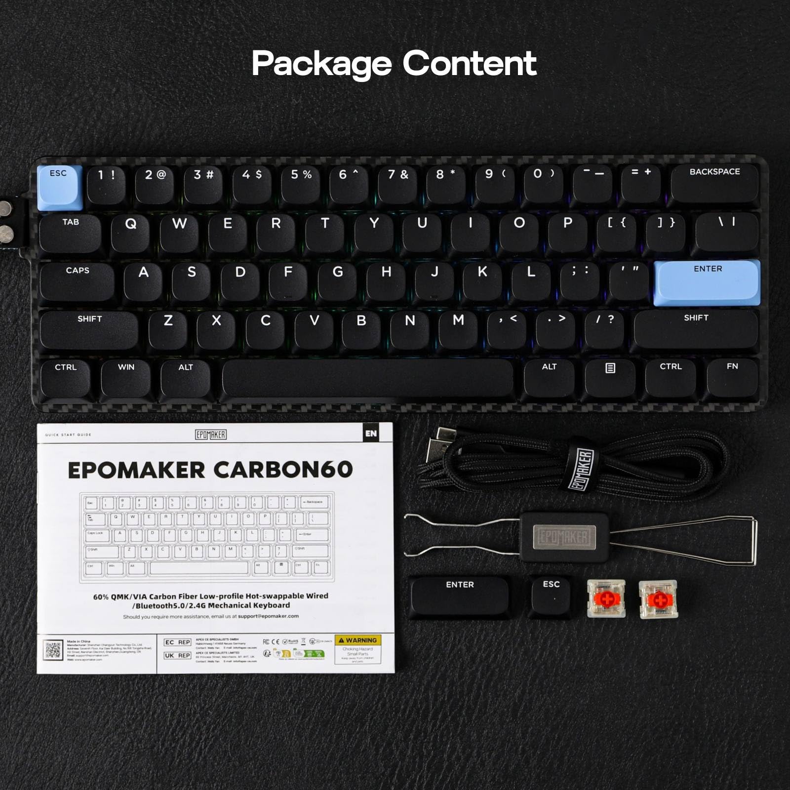 EPOMAKER Carbon60 QMK/VIA Wireless Mechanical Keyboard, 60% Compact Layout, Tri-Mode Bluetooth/2.4GHz/USB-C, Carbon Fiber Design, Hot Swappable (Gateron Low-Profile Red Switch)