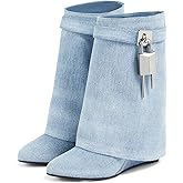 Yishaweiqi Padlock Ankle Boots Fold Over Wedge Heel Booties Wide-calf Short Boot