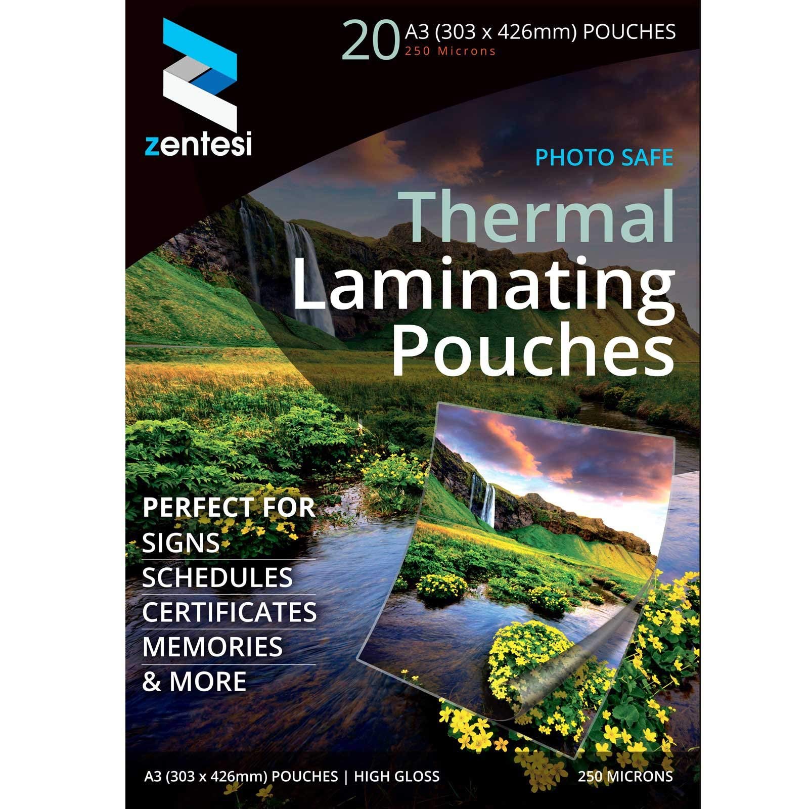 Zentesi A3 Laminating Pouches High Gloss Laminator Sheets 250 Micron (125 + 125 Microns) Glossy Laminate Pouch Sleeves - Pack of 20