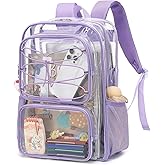 Yusudan Clear Backpack for Girls Women, Heavy Duty Transparent School Backpacks See Through PVC Bookbag for College Work Security Travel (Lavender Purple)