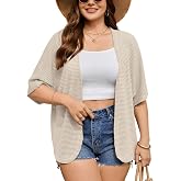 VENTROLLO Womens Plus Size Crochet Cardigan Open Front Summer Short Sleeve Cardigans Oversized Lightweight Kimono Cover Up