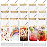 ASKIZ 20Pcs Glass Cups With Bamboo Lids and Straws,16Oz Ice Coffee Cup,Drinking Glasses Cups Set,Water Bottles Glasses for Juicing,Beer,Coffee,Soda,Tea-Glass Tumbler Reusable for Gifts