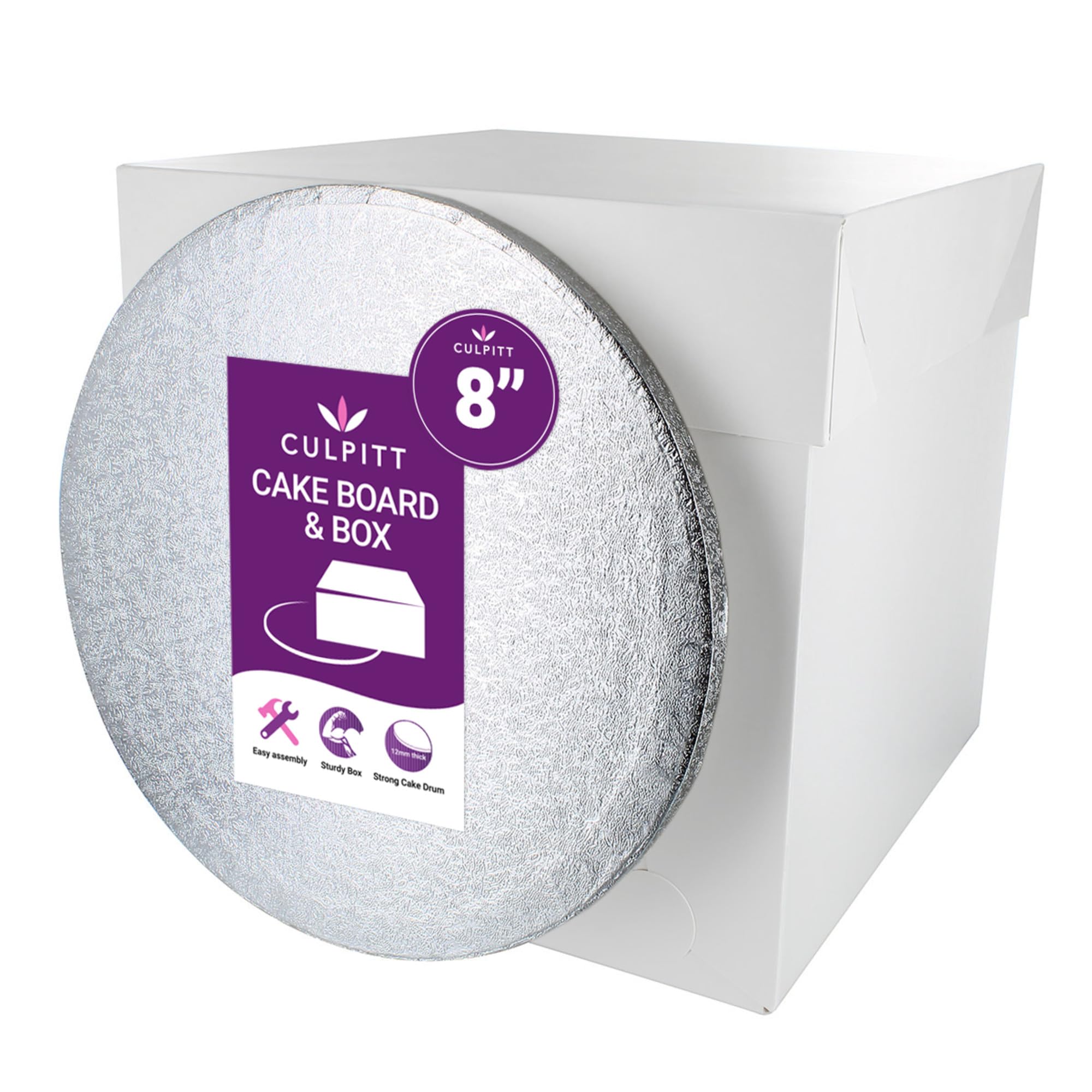 Culpitt 8" Round Silver Cake Drum Board & Tall White Box Combo, 8 x 8 x 8 Inch Square Box and Matching Circle Set for Tiered or Decorated Transport, 90309