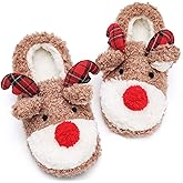 ASHION Women's Cute Fuzzy Reindeer House Slippers Stuffed Animal Bedroom Slippers Cozy Christmas Indoor Shoes