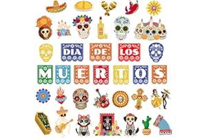 HEYINSHEN 37 Pcs Day of The Dead Decorations Dia De Los Muertos Cutouts Decor Sugar Skull Cutout Halloween Decorations for Classroom Bulletin Board Wall Decor Mexican Fiesta Party Supplies
