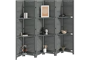 HOMCOM Room Divider, 6 Panel 67" Tall Wood Privacy Screen with 3 Display Shelves, and Folding Storage for Bedroom or Home Office, Gray