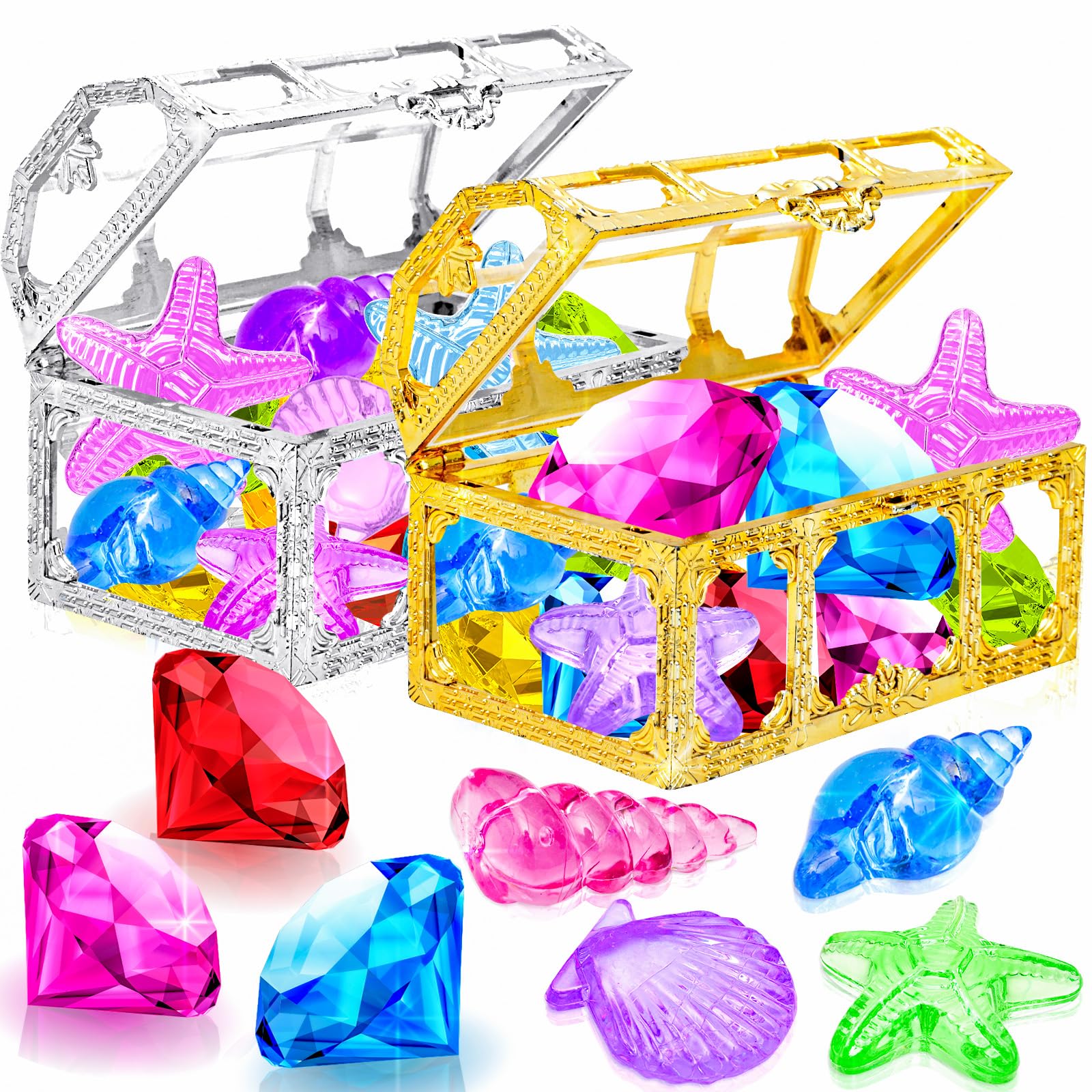 Thuodo 24pcs Diving Gems Pool Toys Colorful Diamonds with Pirate Treasure Chest Summer Swim Dive Toy Underwater Swimming Gear for Kids Boys Girls