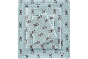 Sleep Philosophy True North Cozy Flannel Warm 100% Cotton Sheet - Novelty Print Animals Stars Cute Ultra Soft Cold Weather Bedding Set, Twin, Aqua French Bulldog 3 Piece