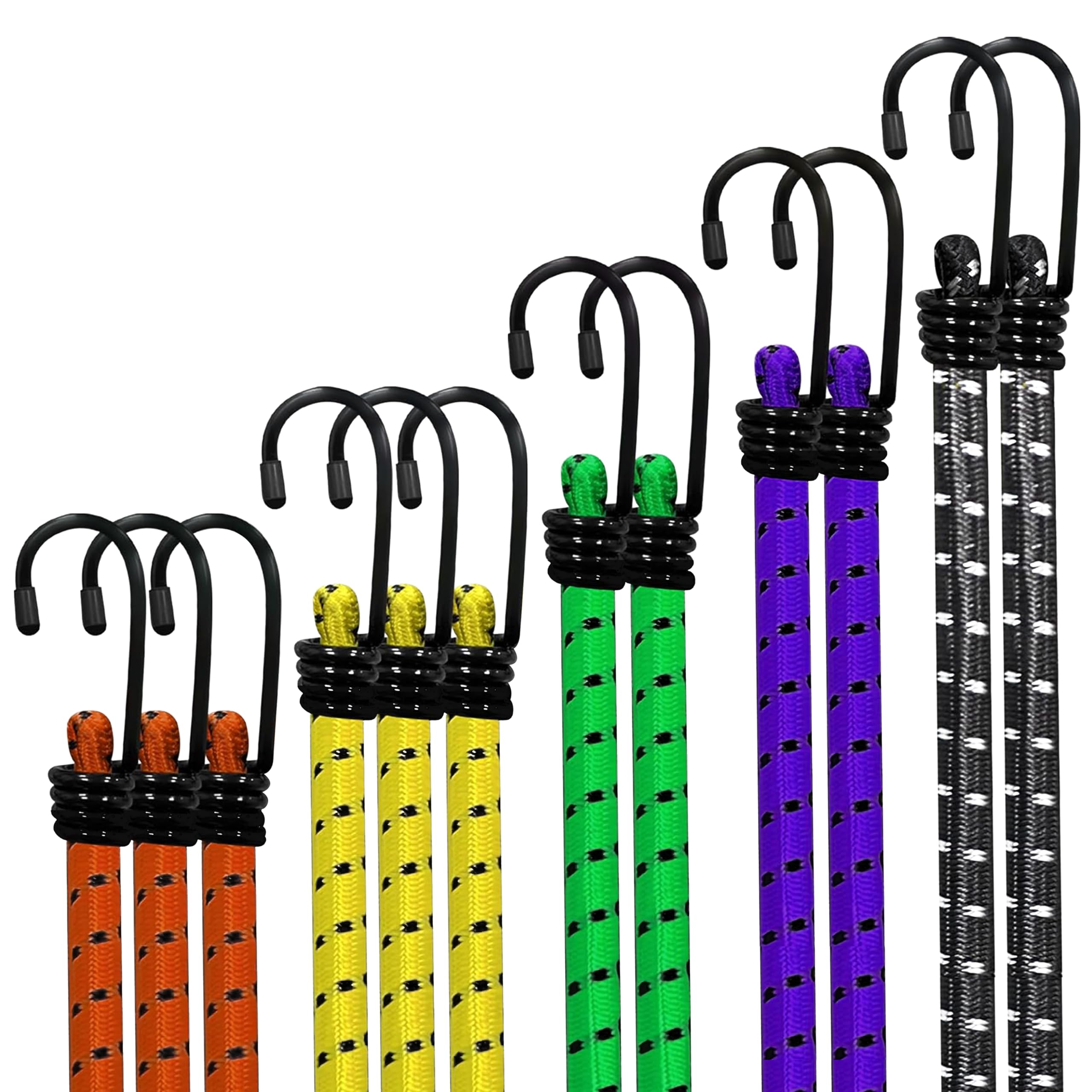 AANAYA'S CREATION 12-Piece Bungee Cords Set with Hooks - 8mm Heavy Duty Elastic Cords in Various Sizes, Each Resisting up to 35kg