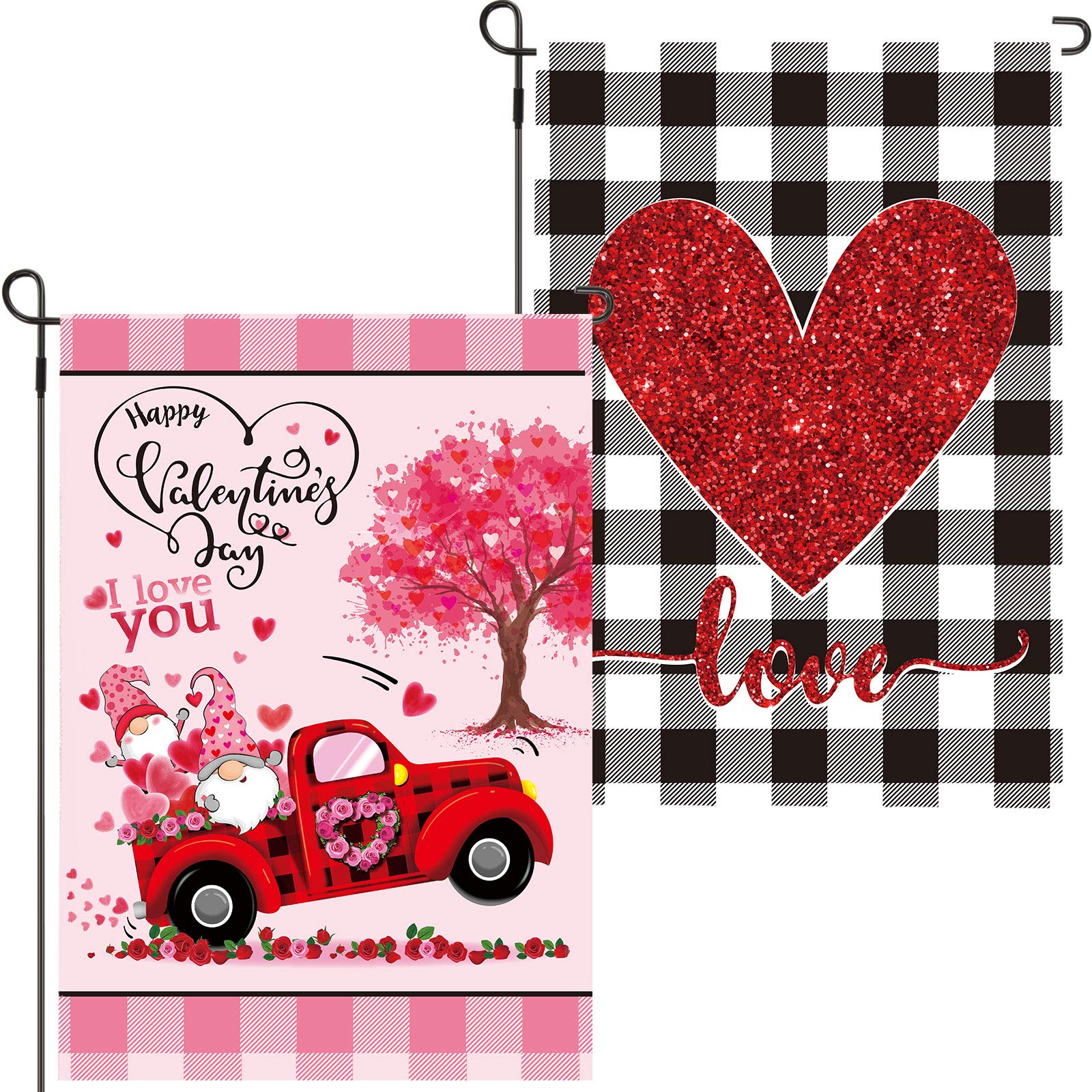 2 Pieces Happy Valentine's Day Gnome and Buffalo Check Plaid Truck Garden Flags Burlap Double Sided Yard Flag Outdoor Flag for Outside Holiday Home Decoration, 18 x 12 Inches