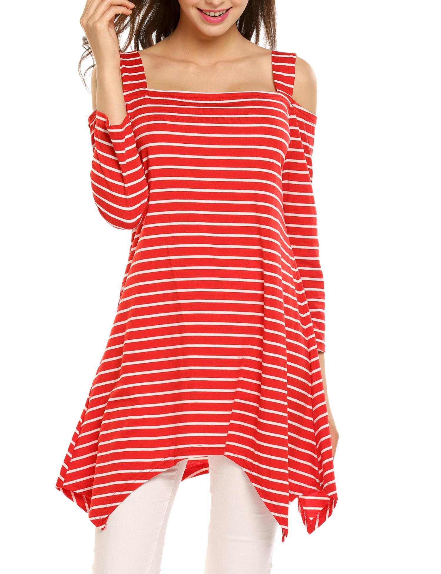 Women Off the Shoulder Swing Tunic Striped Loose Fit A line T-Shirt Dress Red/M