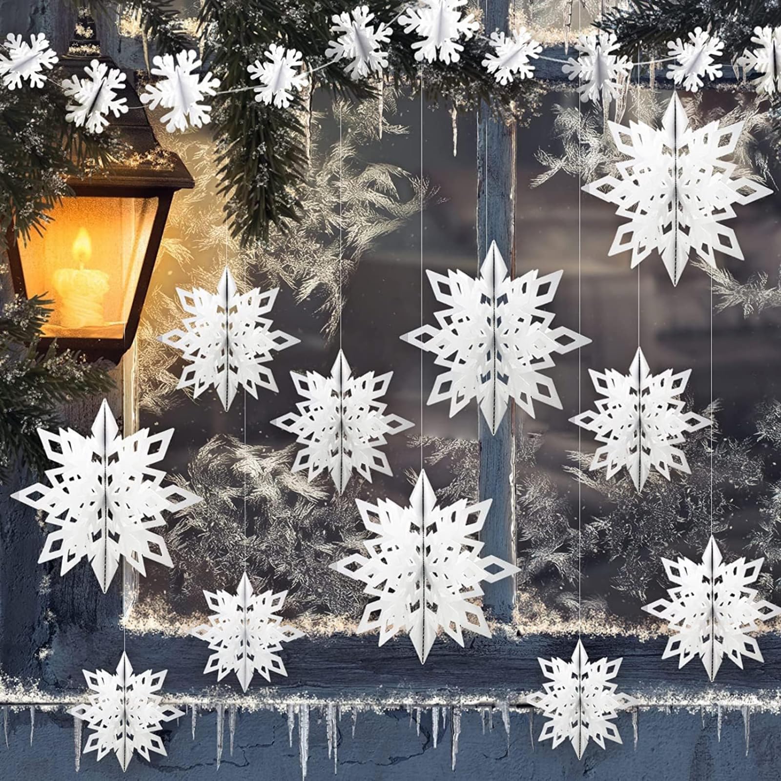 Christmas Hanging Snowflake Decorations, 12PCS 3D Large White Paper Snowflakes Garland for Winter Holiday Party Wedding Home Decoration