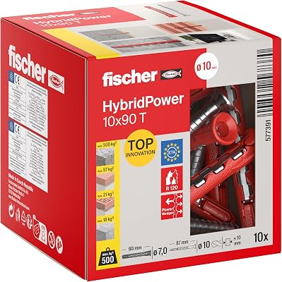 HybridPower 10 x 90 T, Dübel für Höchste Tragfähigkeit und Sicherheit, Einfache Montage ohne Setzwerkzeug, Universell für Loch- und Vollbaustoffe, Mauerwerk, Beton, Sicher auch im Brandfall