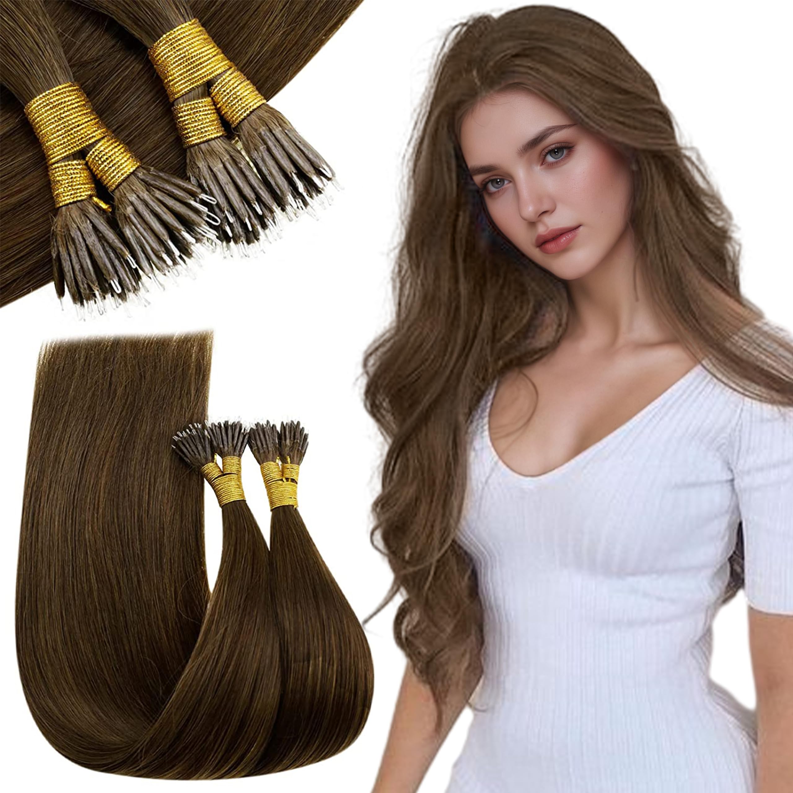 RUNATURE Nano Hair Extensions Real Human Hair Dark Brown Nano Beads Hair Extensions 24 Inch Human Hair Invisible Nano Ring Straight Remy Hair 50g 50s #4 — image 1
