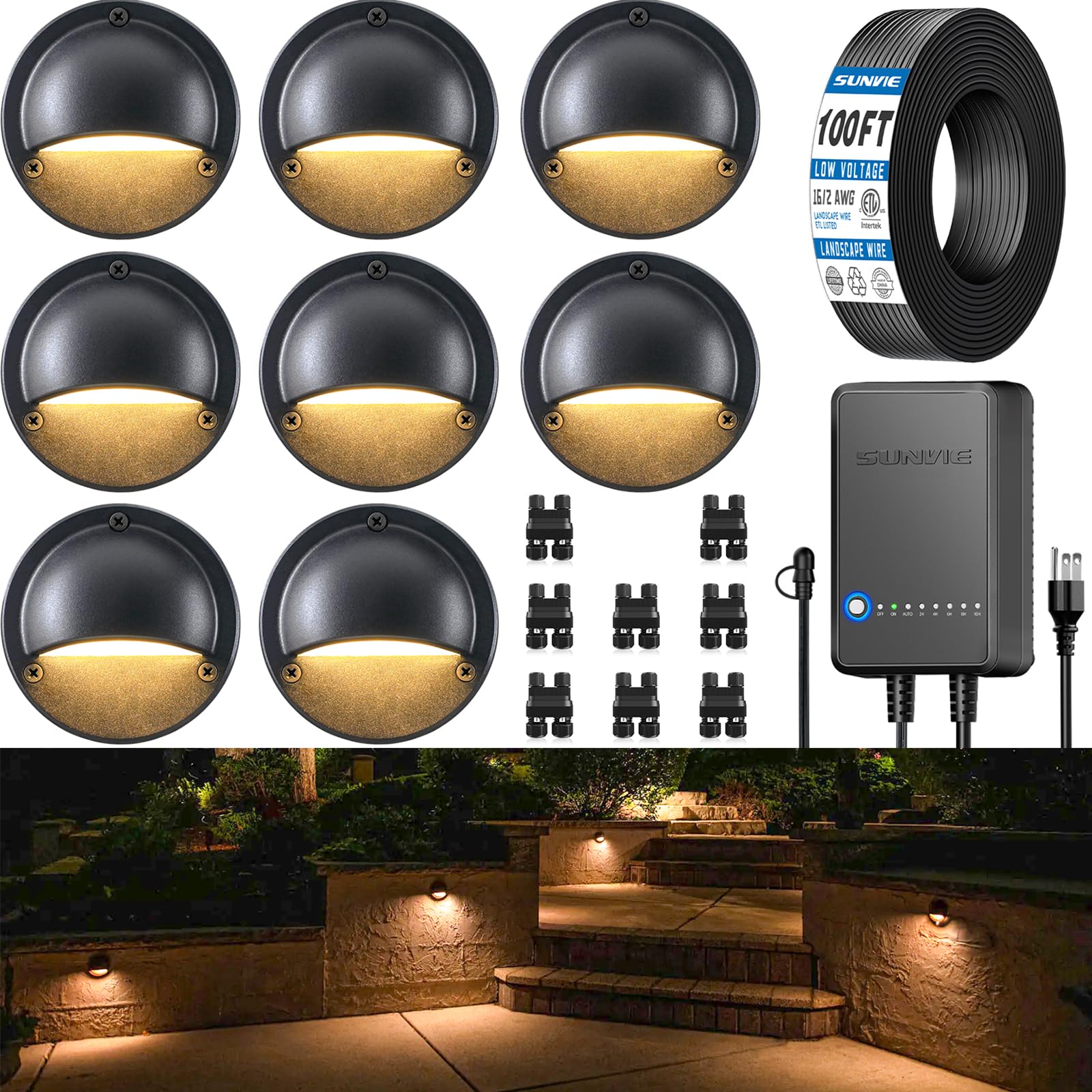 Photo 1 of ************MISSING THE CONTROLL BOX**********
SUNVIE All-in-One Low Voltage Deck Lights Kit, 8 Pack 5W Low Voltage Landscape Lighting with 60W Transformer 100FT Wire and Connectors, 3000K 12-24V AC/DC LED Deck Step Lights for Fence Post Patio