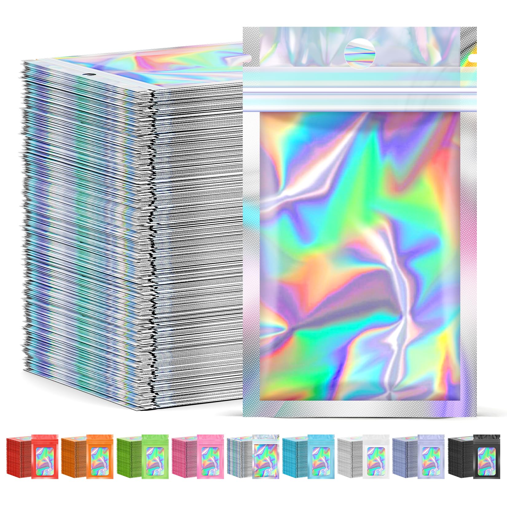 Photo 1 of JETMORE 300 Pcs Mylar Bags, Smell Proof Bags Foil Pouch, Holographic Resealable Bags for Small Business, Candy Sample Jewelry Bag Sealable Packaging for Party Favor Food Storage ((2.8x3.9in)
