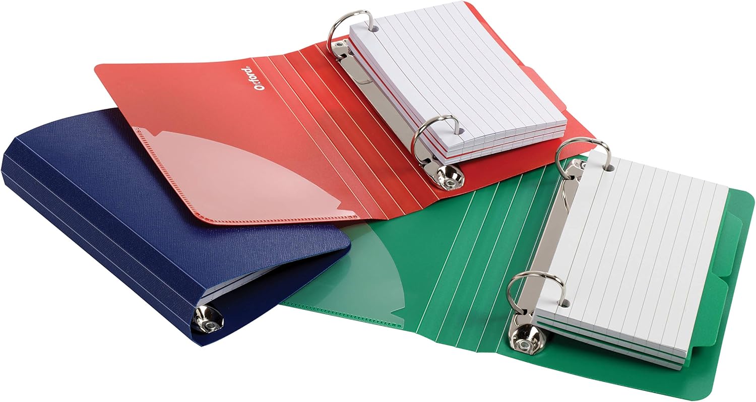 Oxford Index Card Binder with Dividers, 3" x 5", Color Will Vary, 50 Cards,1 Binder (73570),Assorted (Blue, Green, Red)
