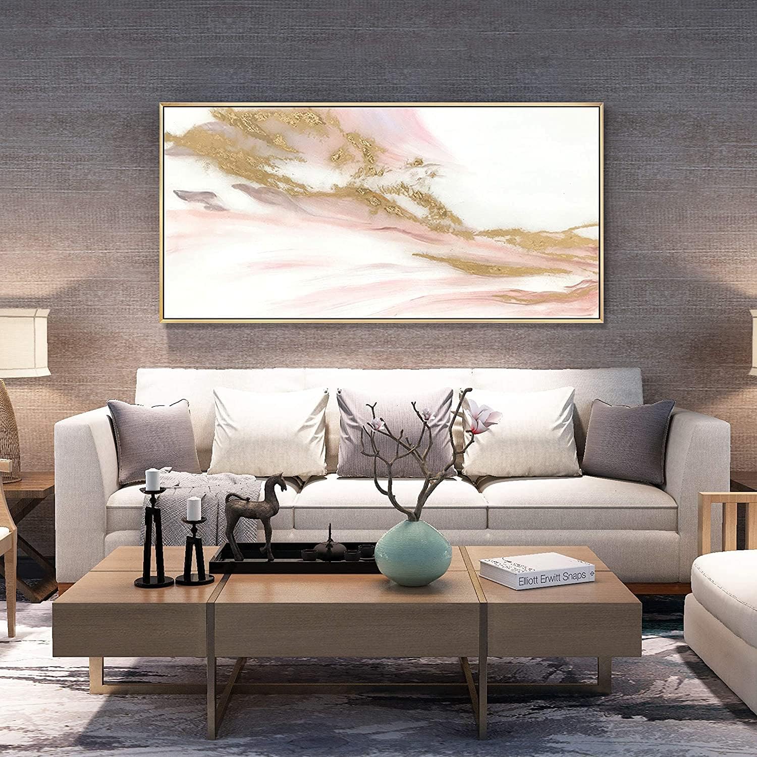 Paintings - ARTLAND Large Canvas Prints Modern Abstract Wall Decor Water Flow Shape Contemporary Pink Gold Marble Pattern Wall Art for Living Room Bedroom Gallery Wrapped Ready to Hang 24x48 inches