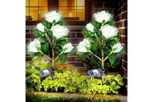 Anordsem Solar Garden Lights Outdoor: 10 Waterproof Fabric Roses Flower 2 Pack - LED White Landscape Lighting for Yard Cemetery Decorative - Christmas Gifts for Mom Homeowner Over 30