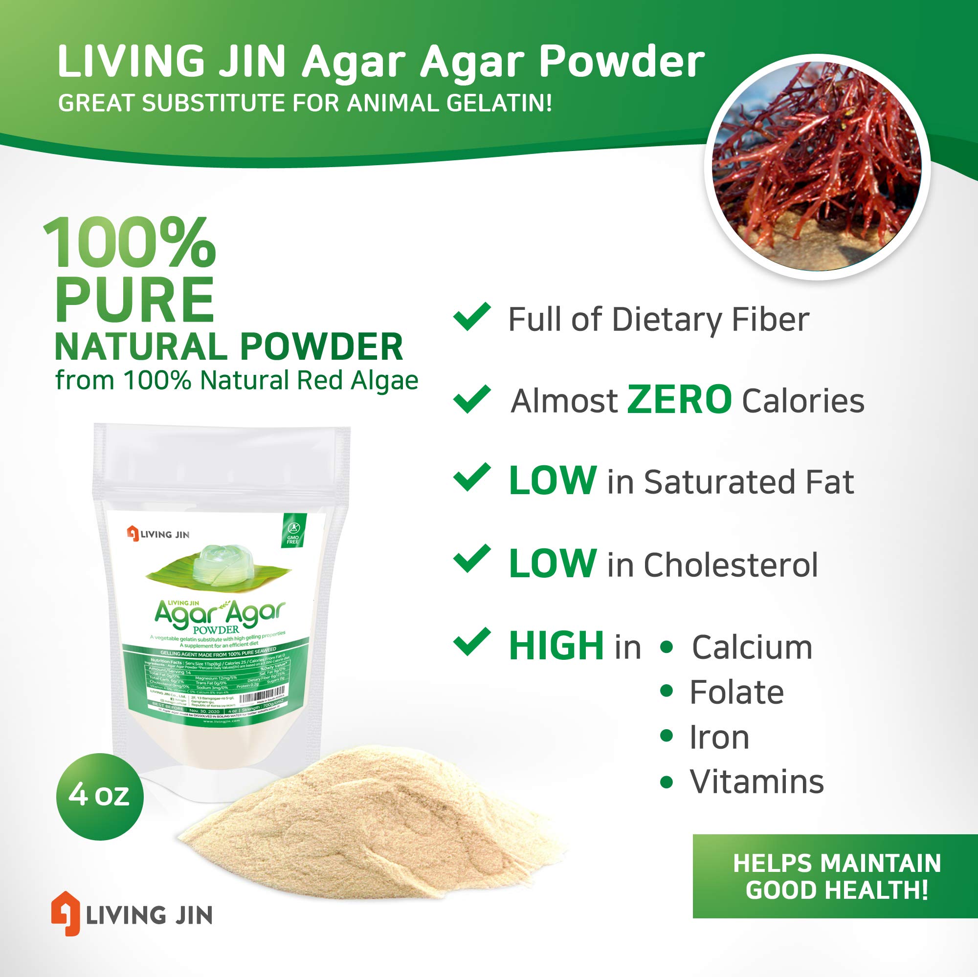 Agar Agar Powder 4oz Gelatin Substitute, Vegan, Unflavored, Gummy