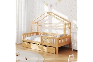 Aoowow Twin Size House Bed with Storage Drawers and Shelf,Kids Wooden Bed Frame Twin Platform Bed with Slats and Fence for Boys Girls Teens for Bedroom(Natural)
