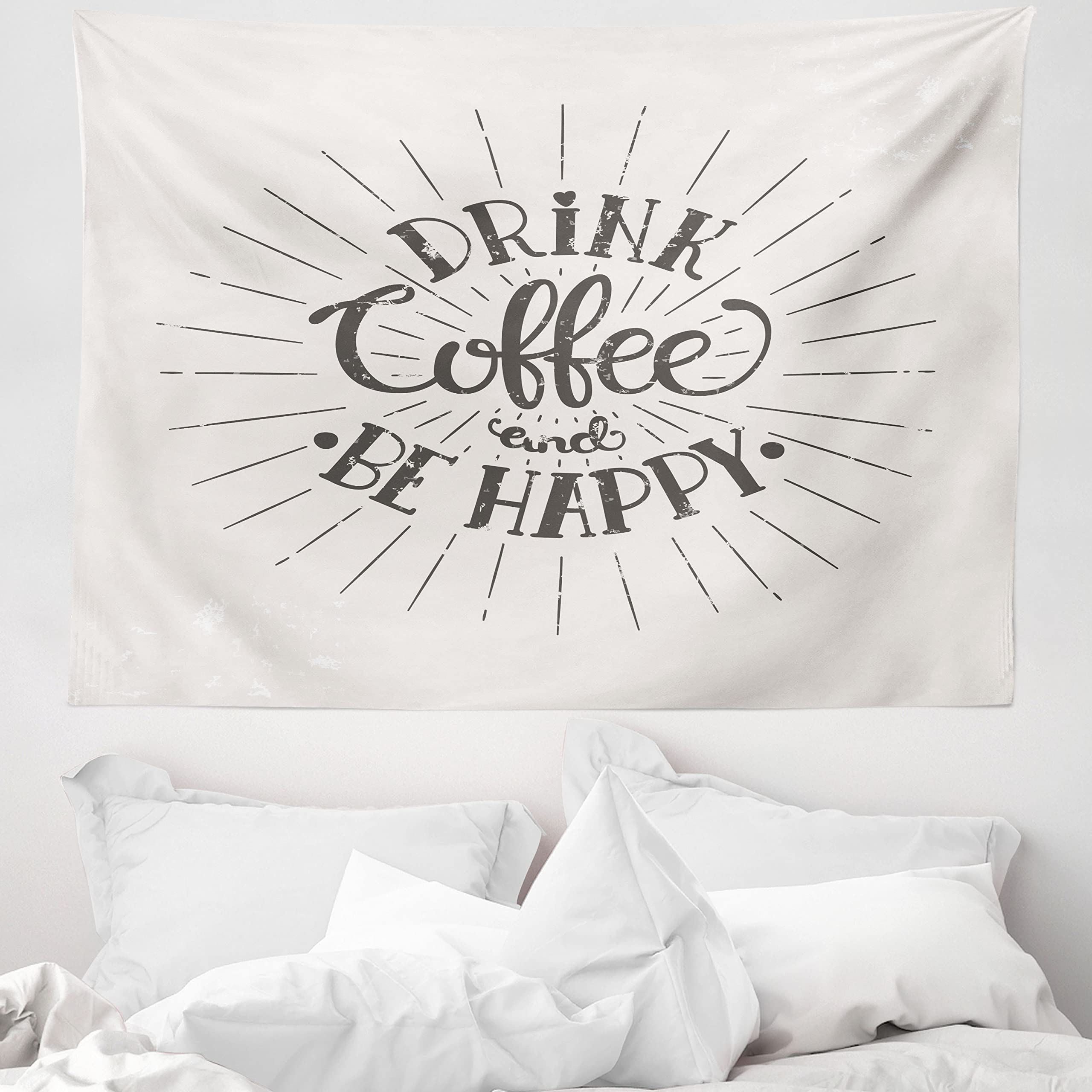 ABAKUHAUS Be Happy Tapestry, Drink Coffee and Be Happy Words with Grunge Effect on Pastel Backdrop, Fabric Wall Hanging Decor for Bedroom Living Room Dorm, 58 W X 43 L, Dark Taupe and Eggshell