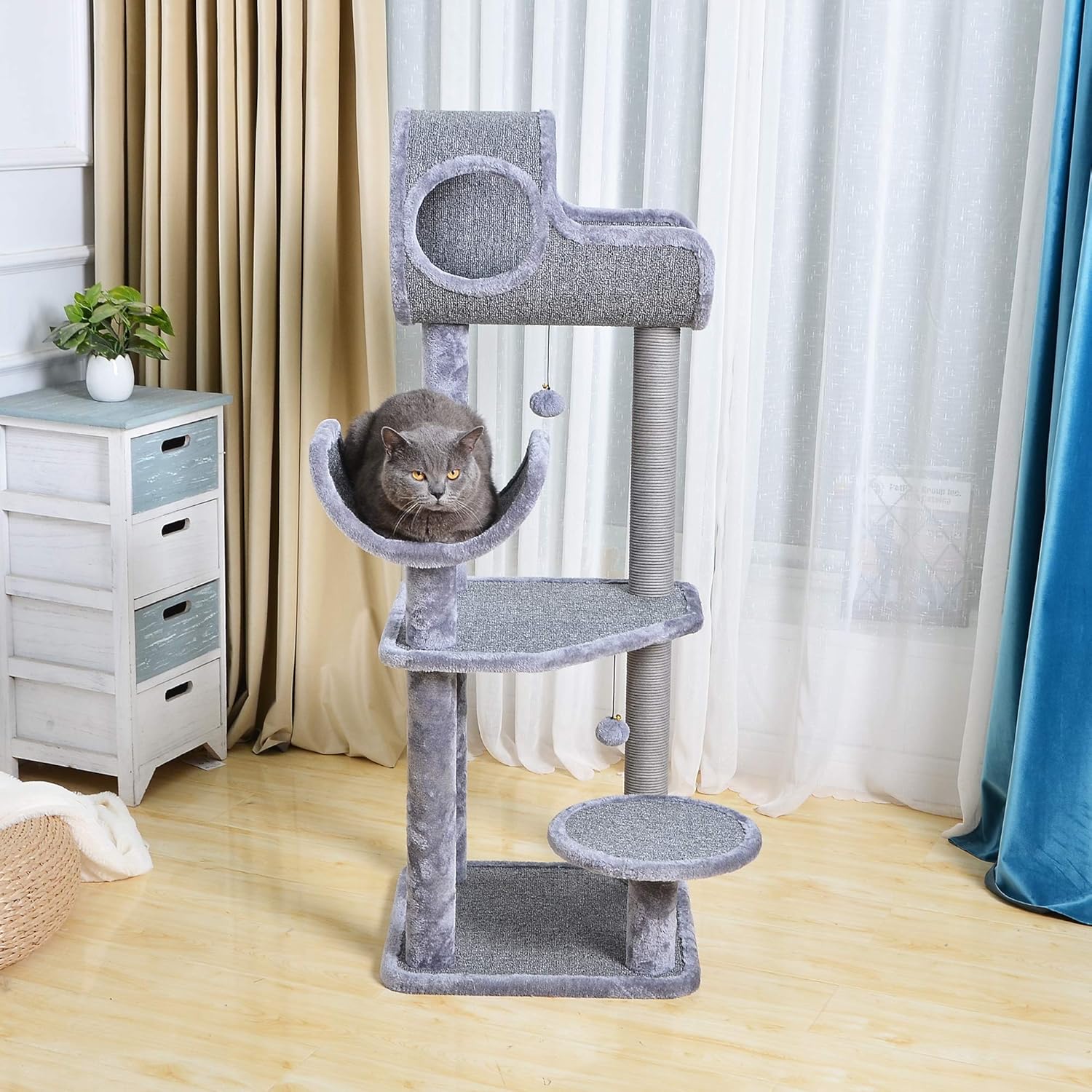 Catry Large Cat Tree Tower with Paper Rope Covered Scratching Post Hammock Tunnel for Multiple Cats Activity Center, Gray : Pet Supplies