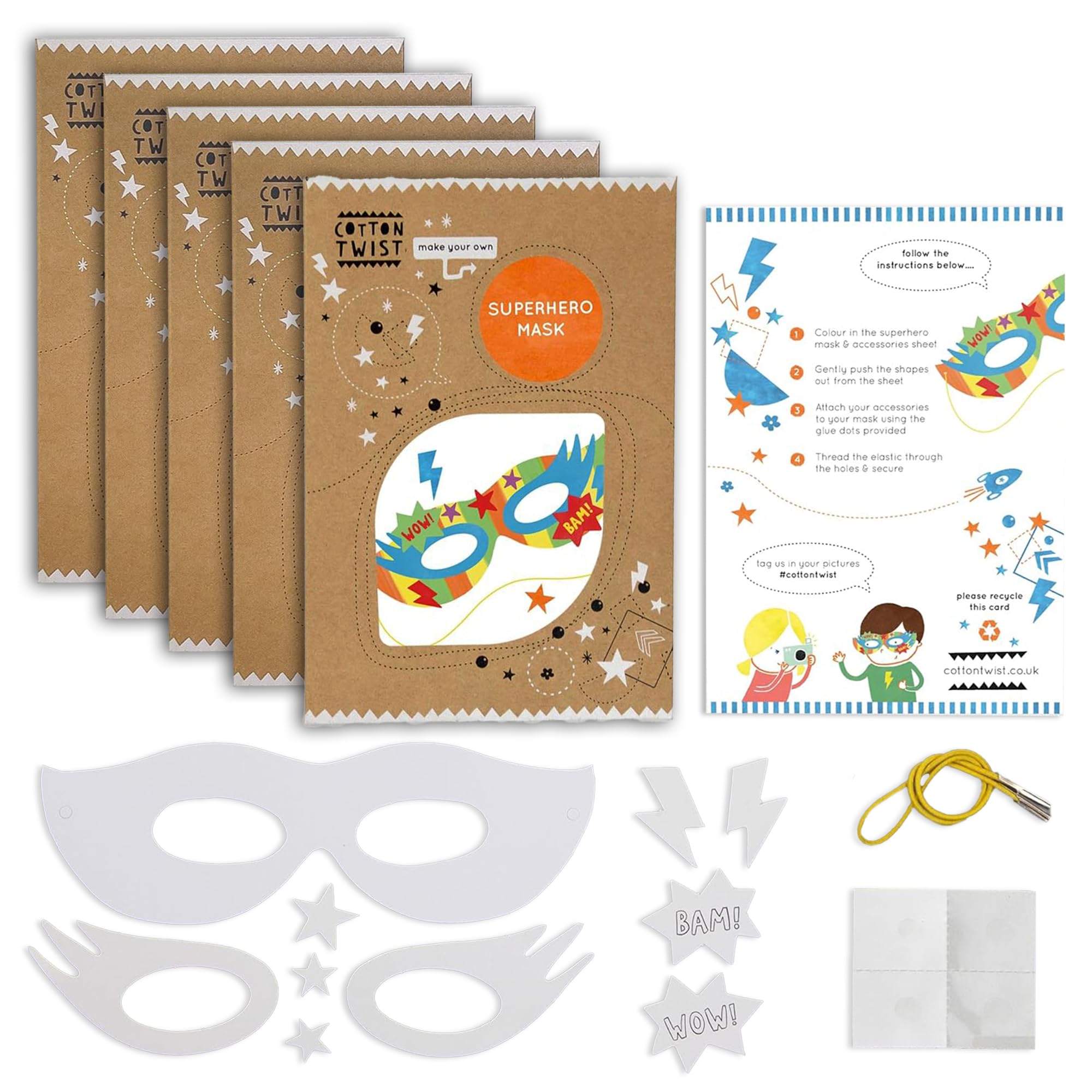 COTTON TWIST Kids Make Your Own Superhero Mask Craft Kit - Children Creative Game Play Set DIY Activity Box for Boys and Girls - Pack of 5