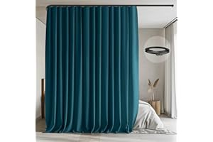 MAKEFEILE Room Divider Curtains with Flexible Ceiling Tracks Set,Blackout Curtain Ceiling Mount Curtain Track Privacy Room Dividers Ceiling Track Curtain Rod(Azure Blue Drape & Black rail W 8.3 × H 9 FT)