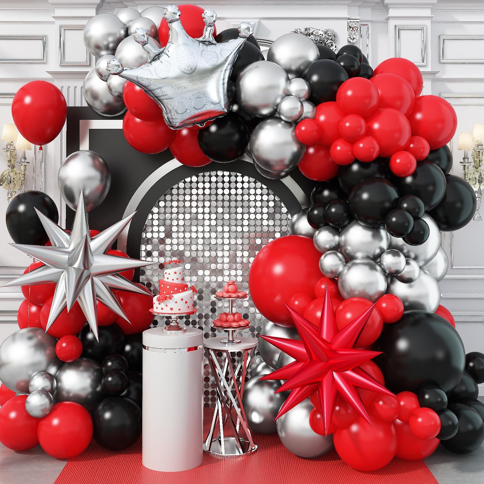 Red and Black Balloon Arch Kit with Metallic Silver Grad Decor, 115 Pcs Casino Party Balloons with 27 * 29 Inch Crown Explosion Star Foil Balloons for Las Vegas Party