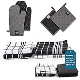 Encasa XO Kitchen and Dish Towels - Oven Mitts - Pot Holder Set of 12 Pc - Pure Cotton - Dishcloths Grey Combo