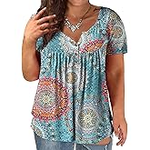 VISLILY Women's Plus Size Henley Shirts Flowy Summer Tops Pleated Buttons Up Tunics
