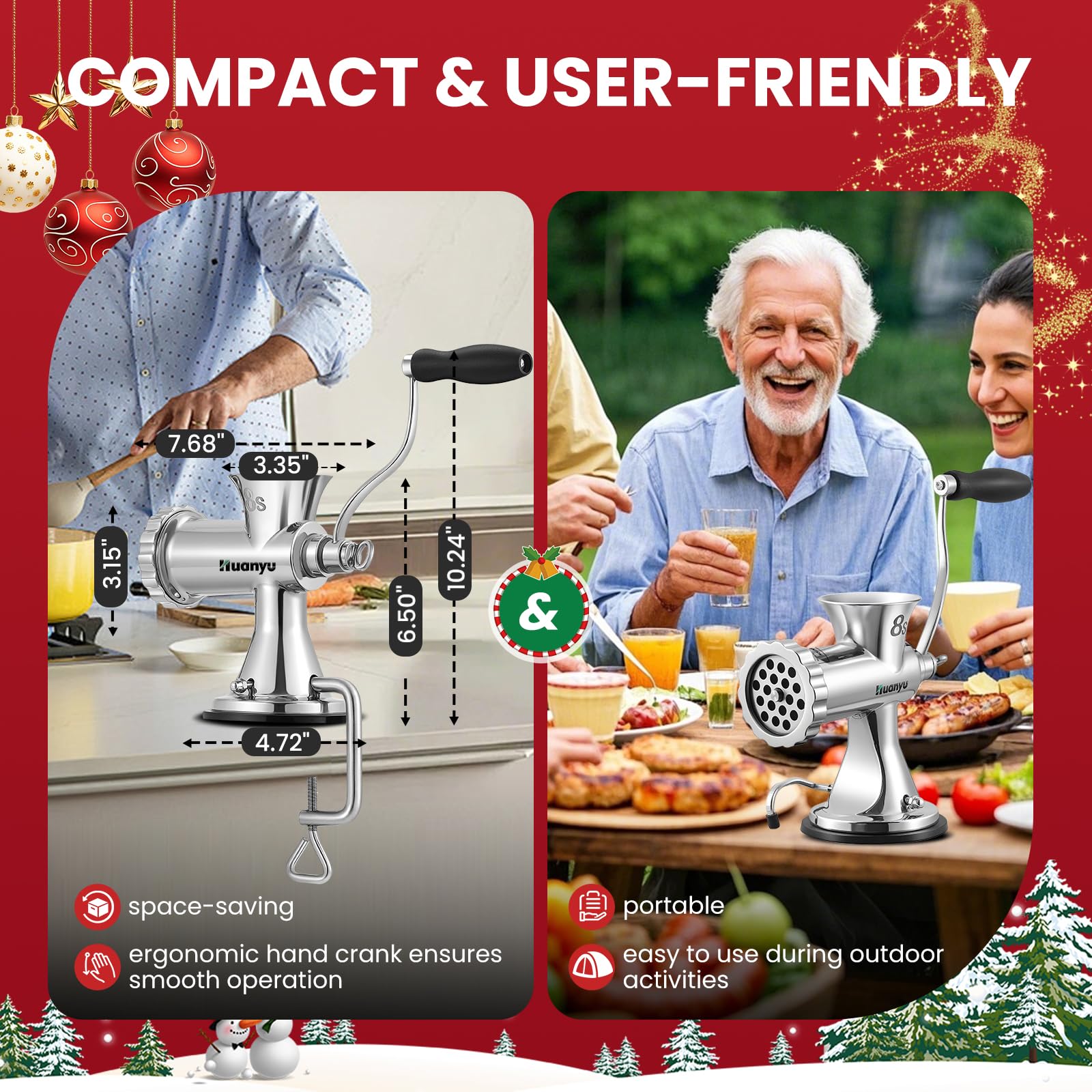 Huanyu Manual Meat Grinder - Heavy Duty Stainless Steel, Effortless Hand Crank for Fresh Ground Beef, Sausages & Pet Food - Compact, Dishwasher Safe - Perfect for Home Restaurant & Outdoor