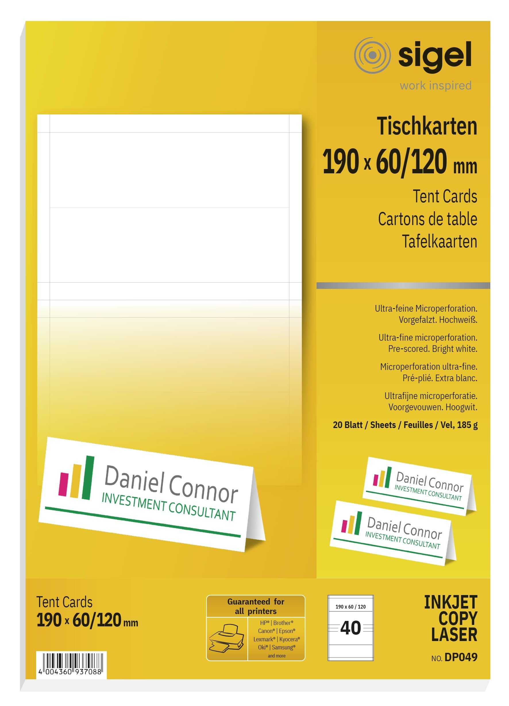 SIGEL DP049 Tent Cards, 19 x 6 cm, 20 sheets equal to 40 Pieces