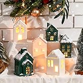 6 Pcs Ceramic Christmas Village Houses LED Lighted Christmas Village Sets Holiday Gift for DIY Winter Holiday Miniature Porcelain House Figurines for Home Tabletop Mantel Shelf Decor(Green and White)