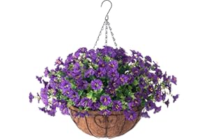 HOPPWODD Artificial Fake Hanging Plants Flowers Basket for Outdoor Spring Decoration, Faux Silk Purple Morning Glory Eucalyptus Realistic UV Resistant for Outside Home Porch Patio Balcony Decor