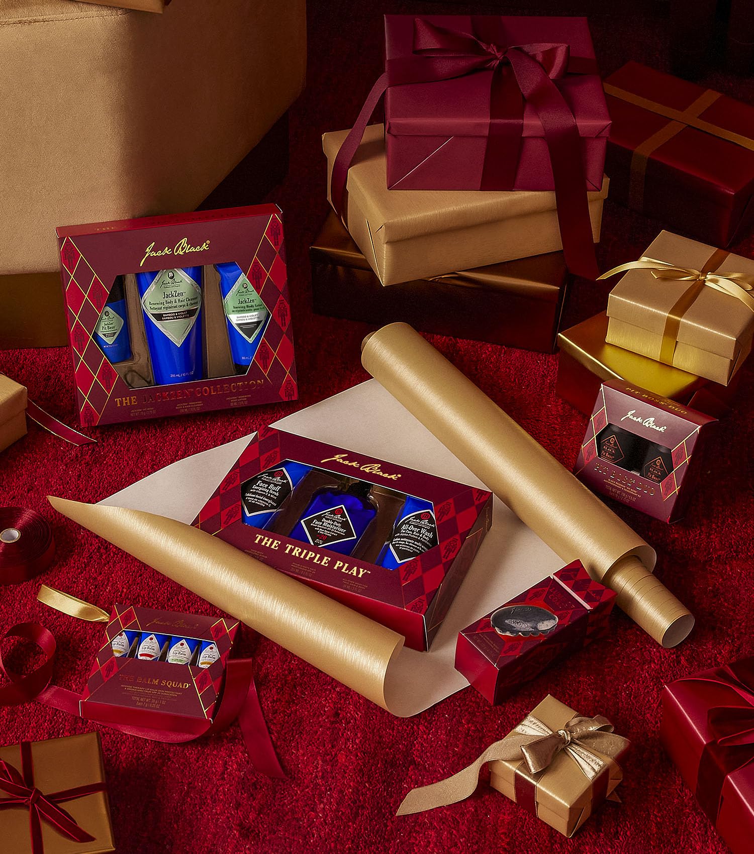 Jack Black Holiday Triple Play Gift Set for Men - Face Buff, Double-Duty Face Moisturizer, All-Over Wash for Face, Hair & Body, Mens Skin Care Kit, Men\'s Skincare Gift Set