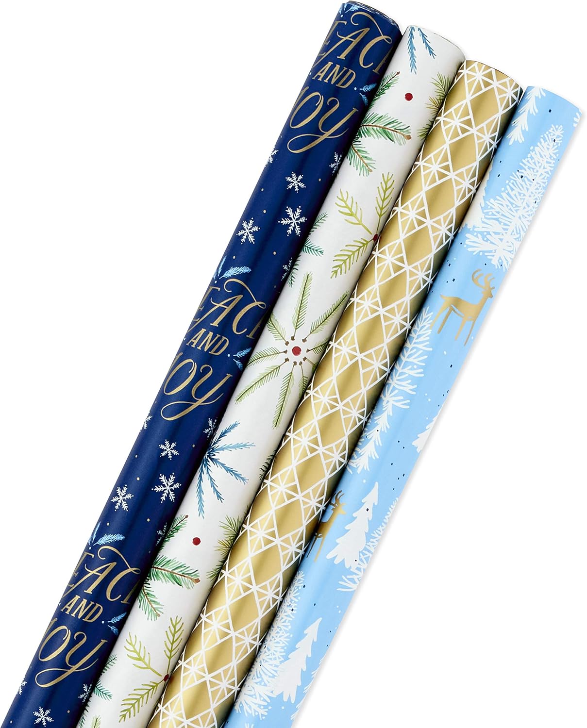 Hallmark Holiday Wrapping Paper Bundle with Cut Lines on Reverse, Elegant Woodland (Pack of 4, 120 sq. ft. ttl) Peace and Joy, Snowflakes, Greenery, Blue, Gold