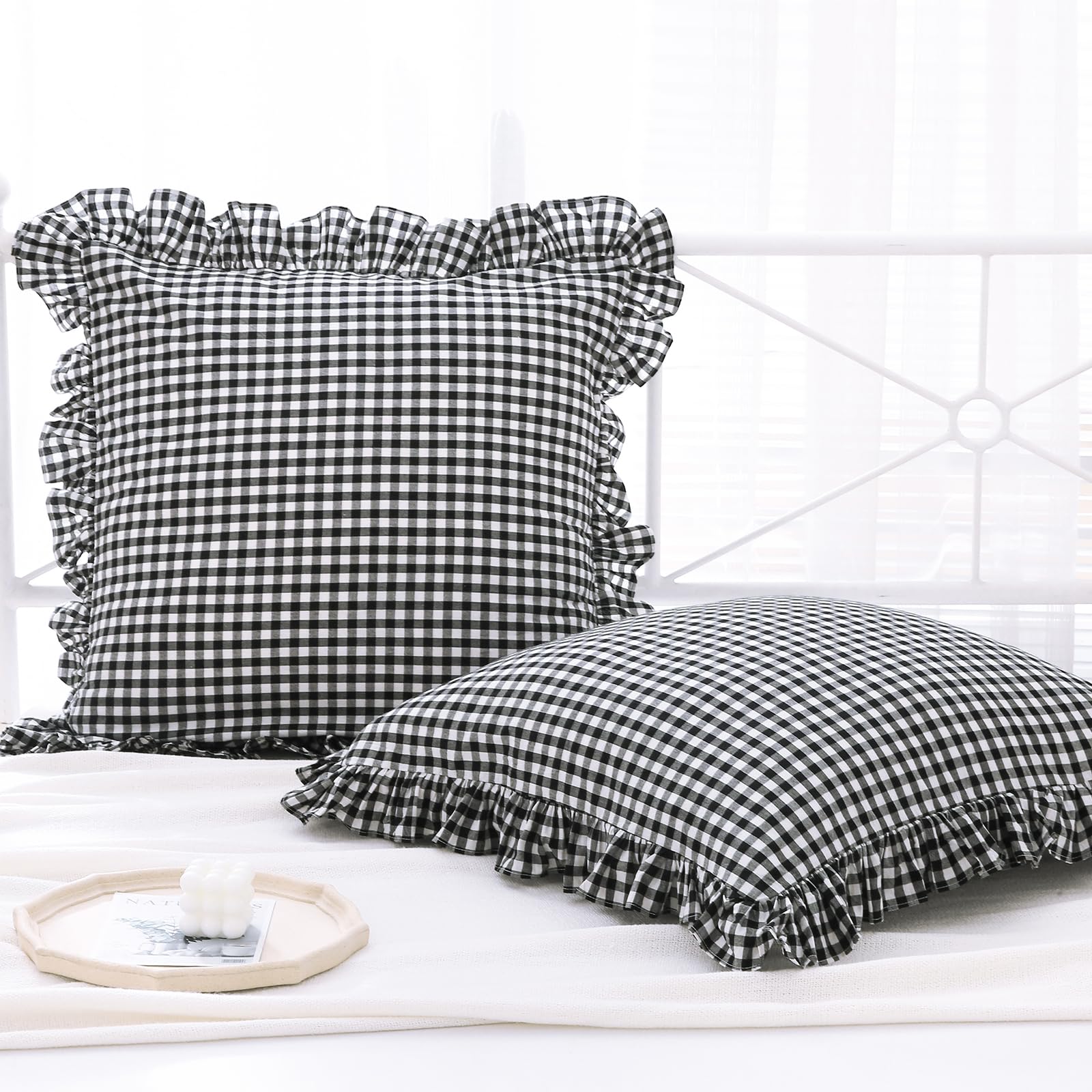 Photo 1 of K MASANIJI 2 Pack Black and White Plaid Gingham Ruffle Euro Shams Pillow Covers, 100% Washed Cotton Decorative Pillowcases for Bed/Sofa - 26"x26"