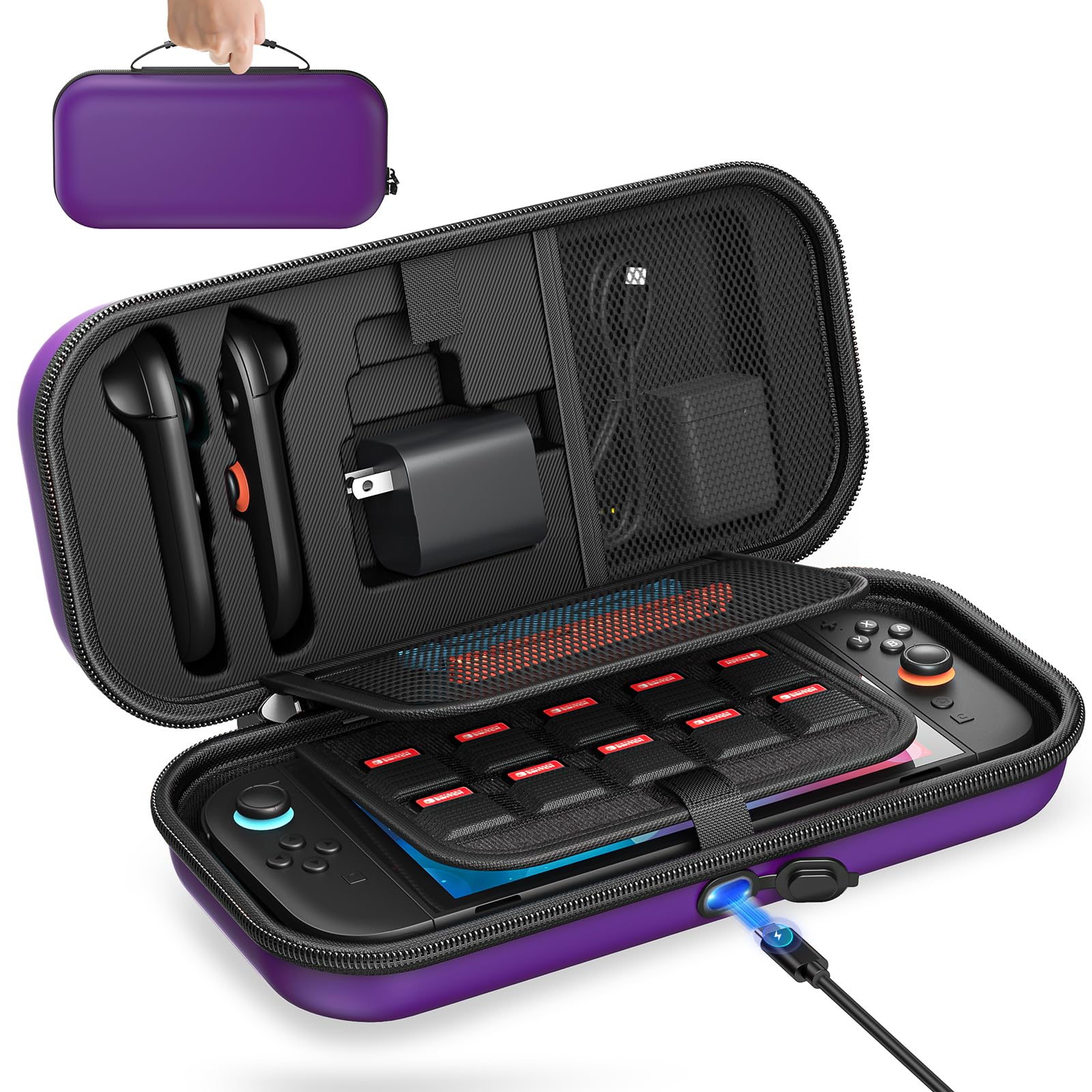 Photo 1 of [Charge inside] Carrying Case for Nintendo Switch 2 2025 / Switch OLED / Switch with Adapter and for Joy-Con Storage, Travel Case for Switch 2 Console with 22 Game Card Storage (Purple)