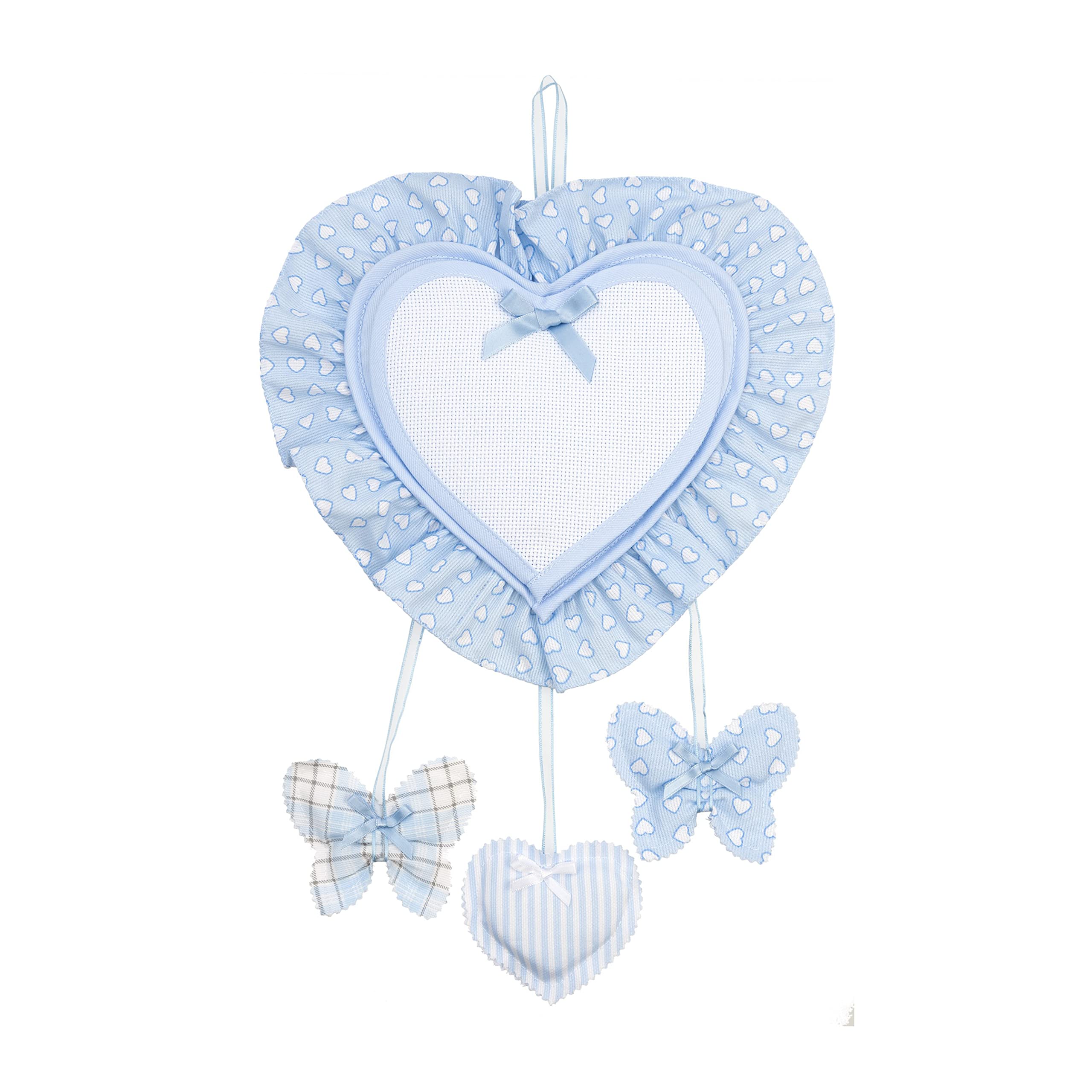 FILET - Aida Canvas Heart Shaped Birth Announcement Ribbon to Embroider, with Butterfly and Heart Shaped Pendants, Made of Cotton, Ideal for Hanging, 100% Made in Italy, Light Blue Colour