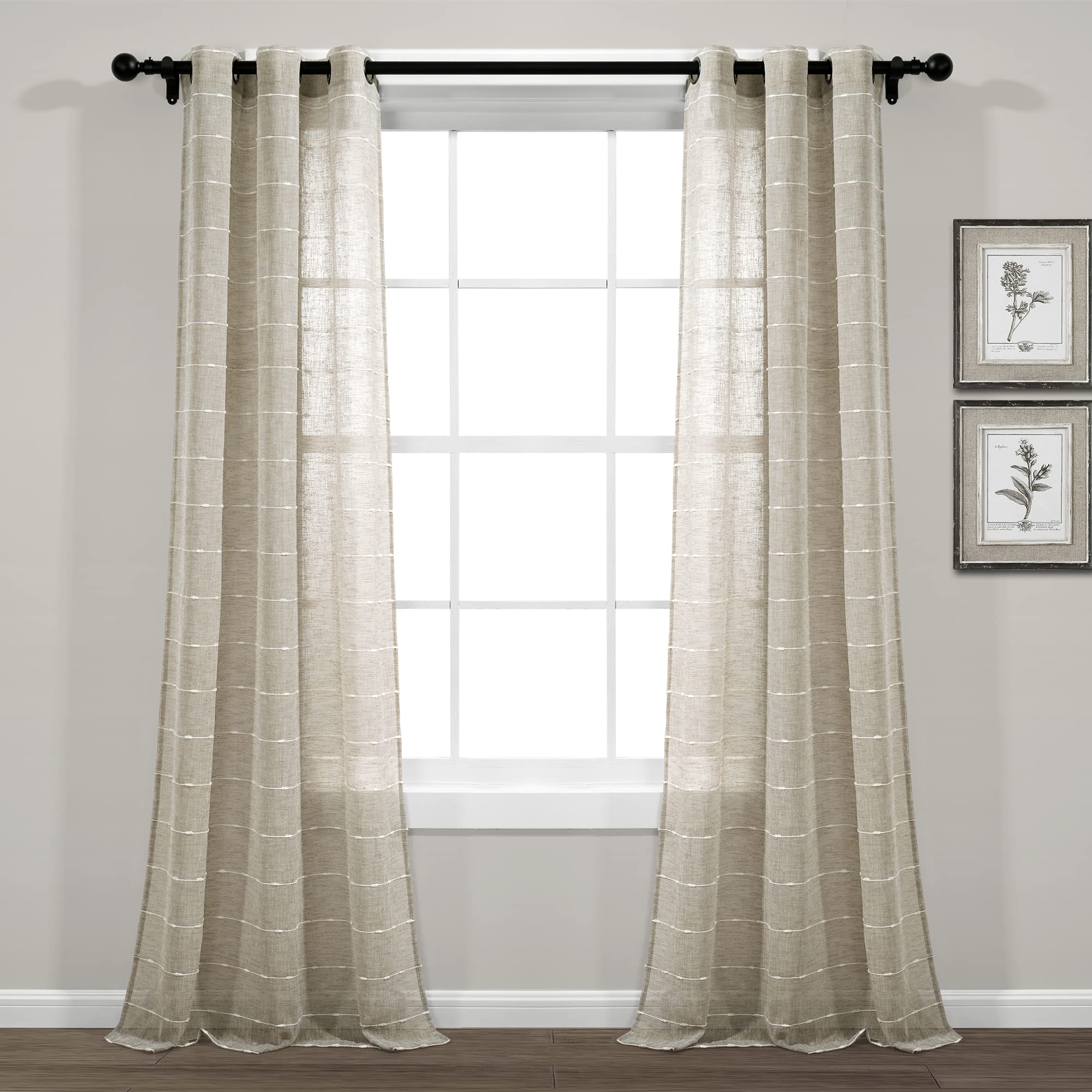 Lush Decor Farmhouse Textured Grommet Sheer Window Curtain Panel Pair, 38" W x 95" L, Neutral