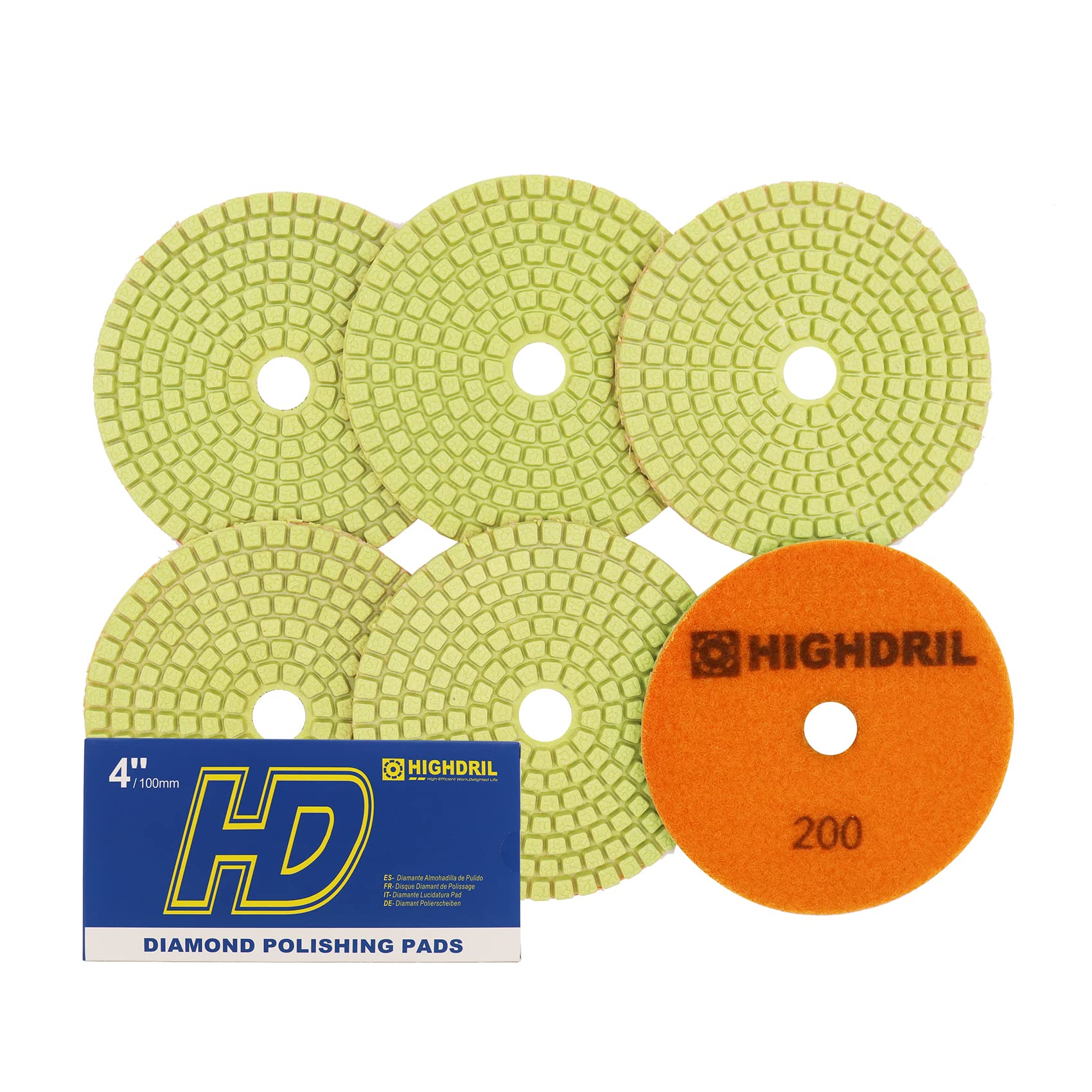 Wet Diamond Polishing Pads,HIGHDRIL 6pcs 100MM #200,for Granite Marble Sanding Used on Grinder or Polisher