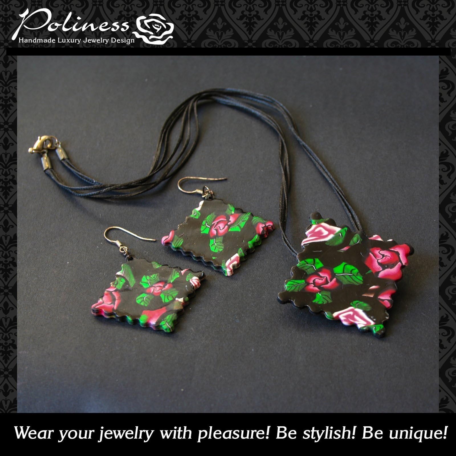 Unique Handmade Ravioli Red Roses Set Pendant with Earrings made with Polymer clay in Millefiori technique