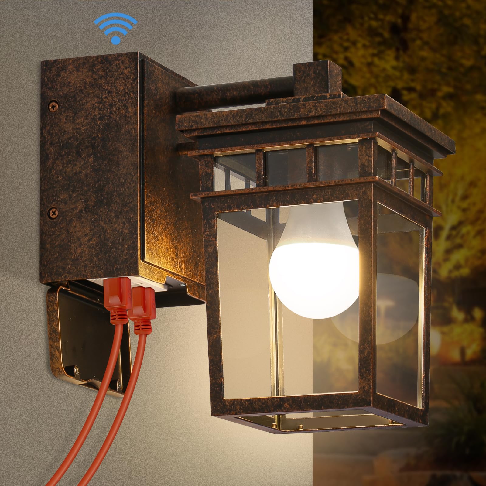 Photo 1 of Porch Light with GFCI Outlet, Dusk to Dawn Outdoor Lighting with Aluminum Frame and Clear Glass Shade, Waterproof Wall Sconce Outside Lights for House Garage Front Door, Bulb Included(Antique Bronze)